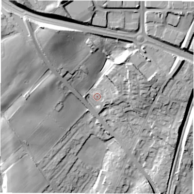 Shaded relief map of the ground around WF20FX, computed from Environment Agency LiDAR. The ground here sits at about 72 m above sea level and falls 48 m across the surrounding 800 m. Surface water reaching this point runs off ground lying to the north-west, 24.9 m higher.