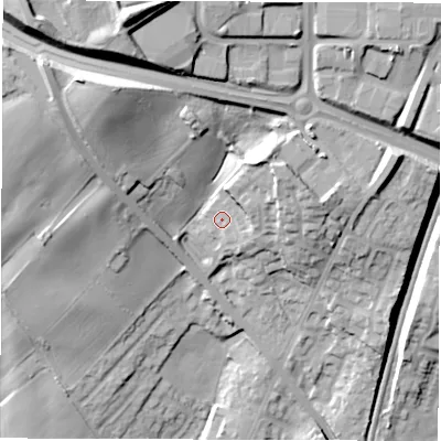 Shaded relief map of the ground around WF20FY, computed from Environment Agency LiDAR. The ground here sits at about 74 m above sea level and falls 43 m across the surrounding 800 m. Surface water reaching this point runs off ground lying to the north-east, 13.0 m higher.
