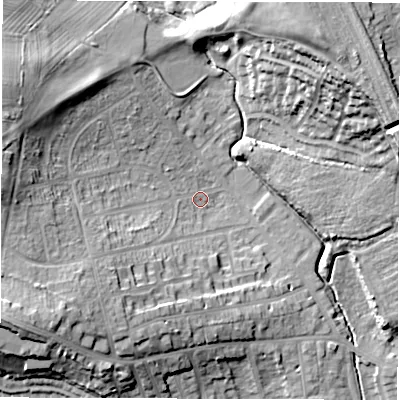 Shaded relief map of the ground around WF20HH, computed from Environment Agency LiDAR. The ground here sits at about 33 m above sea level and falls 23 m across the surrounding 800 m. Surface water reaching this point runs off ground lying to the west, 18.7 m higher.