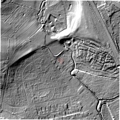 Shaded relief map of the ground around WF20HL, computed from Environment Agency LiDAR. The ground here sits at about 34 m above sea level and falls 29 m across the surrounding 800 m. Surface water reaching this point runs off ground lying to the west-north-west, 6.1 m higher.