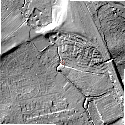 Shaded relief map of the ground around WF20HN, computed from Environment Agency LiDAR. The ground here sits at about 33 m above sea level and falls 30 m across the surrounding 800 m. Surface water reaching this point runs off ground lying to the north-north-east, 21.8 m higher.