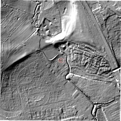 Shaded relief map of the ground around WF20HW, computed from Environment Agency LiDAR. The ground here sits at about 34 m above sea level and falls 30 m across the surrounding 800 m. Surface water reaching this point runs off ground lying to the west, 2.7 m higher.