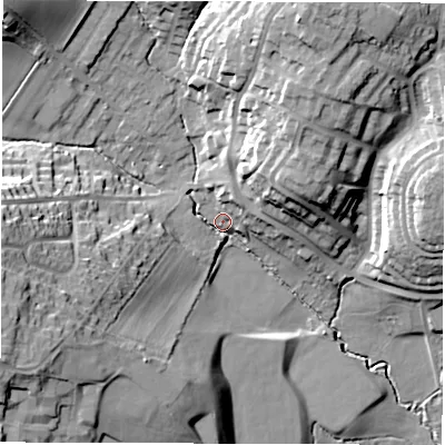 Shaded relief map of the ground around WF20JE, computed from Environment Agency LiDAR. The ground here sits at about 43 m above sea level and falls 34 m across the surrounding 800 m. Surface water reaching this point runs off ground lying to the west-south-west, 28.5 m higher.