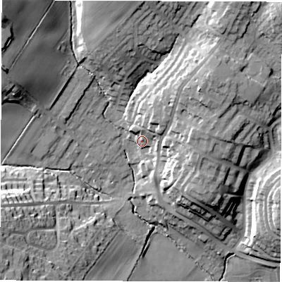 Shaded relief map of the ground around WF20JJ, computed from Environment Agency LiDAR. The ground here sits at about 48 m above sea level and falls 32 m across the surrounding 800 m. Surface water reaching this point runs off ground lying to the north-east, 10.7 m higher.