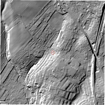 Shaded relief map of the ground around WF20JY, computed from Environment Agency LiDAR. The ground here sits at about 57 m above sea level and falls 33 m across the surrounding 800 m. Surface water reaching this point runs off ground lying to the north-east, 7.8 m higher.