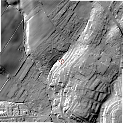 Shaded relief map of the ground around WF20JZ, computed from Environment Agency LiDAR. The ground here sits at about 54 m above sea level and falls 28 m across the surrounding 800 m. Surface water reaching this point runs off ground lying to the north-north-west, 19.3 m higher.
