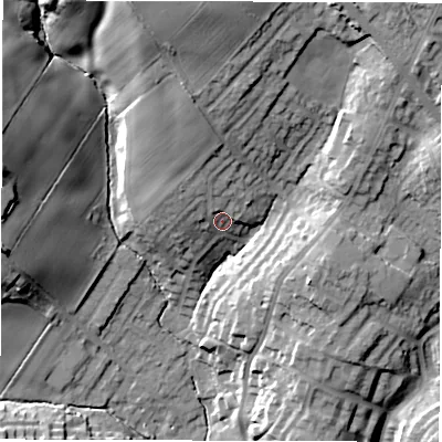 Shaded relief map of the ground around WF20LE, computed from Environment Agency LiDAR. The ground here sits at about 56 m above sea level and falls 30 m across the surrounding 800 m. Surface water reaching this point runs off ground lying to the north-north-west, 11.1 m higher.