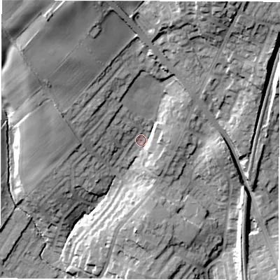 Shaded relief map of the ground around WF20LL, computed from Environment Agency LiDAR. The ground here sits at about 58 m above sea level and falls 39 m across the surrounding 800 m. Surface water reaching this point runs off ground lying to the north-north-west, 22.4 m higher.