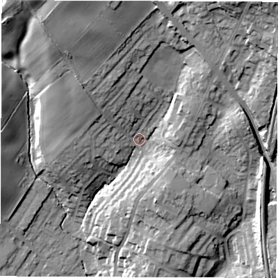 Shaded relief map of the ground around WF20LN, computed from Environment Agency LiDAR. The ground here sits at about 56 m above sea level and falls 34 m across the surrounding 800 m. Surface water reaching this point runs off ground lying to the north-north-west, 20.3 m higher.