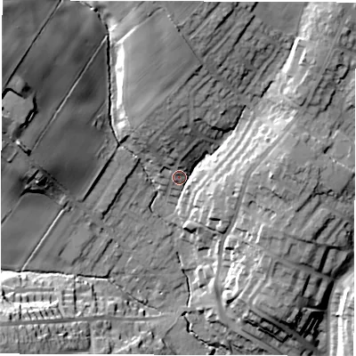 Shaded relief map of the ground around WF20NA, computed from Environment Agency LiDAR. The ground here sits at about 50 m above sea level and falls 34 m across the surrounding 800 m. Surface water reaching this point runs off ground lying to the north-east, 19.3 m higher.