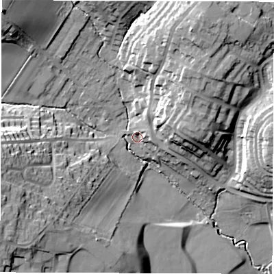 Shaded relief map of the ground around WF20NE, computed from Environment Agency LiDAR. The ground here sits at about 44 m above sea level and falls 34 m across the surrounding 800 m. Surface water reaching this point runs off ground lying to the east-north-east, 4.9 m higher.