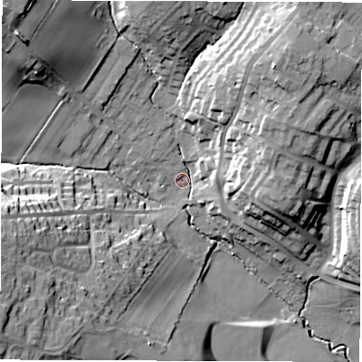 Shaded relief map of the ground around WF20NF, computed from Environment Agency LiDAR. The ground here sits at about 43 m above sea level and falls 36 m across the surrounding 800 m. Surface water reaching this point runs off ground lying to the south-west, 29.5 m higher.