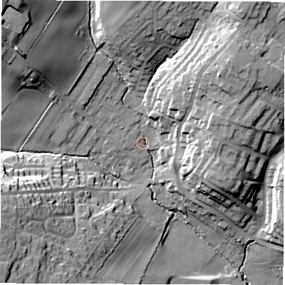 Shaded relief map of the ground around WF20NG, computed from Environment Agency LiDAR. The ground here sits at about 45 m above sea level and falls 35 m across the surrounding 800 m. Surface water reaching this point runs off ground lying to the north-west, 22.9 m higher.