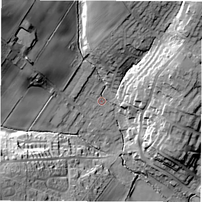 Shaded relief map of the ground around WF20NH, computed from Environment Agency LiDAR. The ground here sits at about 46 m above sea level and falls 40 m across the surrounding 800 m. Surface water reaching this point runs off ground lying to the north-west, 21.2 m higher.