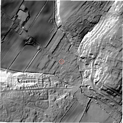 Shaded relief map of the ground around WF20NQ, computed from Environment Agency LiDAR. The ground here sits at about 46 m above sea level and falls 44 m across the surrounding 800 m. Surface water reaching this point runs off ground lying to the north-west, 21.8 m higher.
