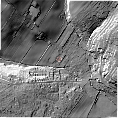 Shaded relief map of the ground around WF20NR, computed from Environment Agency LiDAR. The ground here sits at about 46 m above sea level and falls 43 m across the surrounding 800 m. Surface water reaching this point runs off ground lying to the north-north-west, 5.1 m higher.