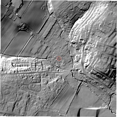 Shaded relief map of the ground around WF20NS, computed from Environment Agency LiDAR. The ground here sits at about 44 m above sea level and falls 38 m across the surrounding 800 m. Surface water reaching this point runs off ground lying to the west-south-west, 32.0 m higher.
