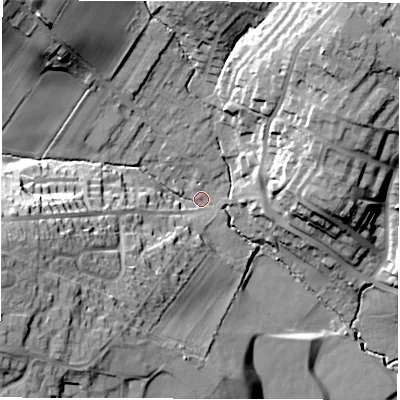 Shaded relief map of the ground around WF20NT, computed from Environment Agency LiDAR. The ground here sits at about 43 m above sea level and falls 36 m across the surrounding 800 m. Surface water reaching this point runs off ground lying to the west-south-west, 30.5 m higher.