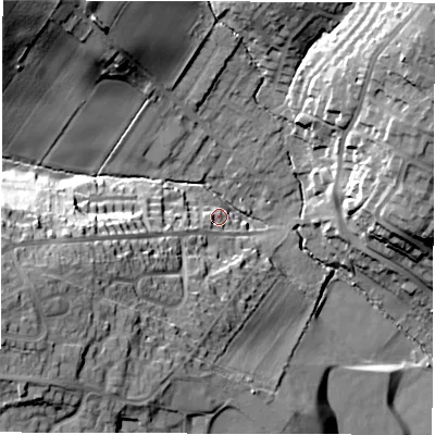 Shaded relief map of the ground around WF20QA, computed from Environment Agency LiDAR. The ground here sits at about 46 m above sea level and falls 38 m across the surrounding 800 m. Surface water reaching this point runs off ground lying to the west-south-west, 33.1 m higher.