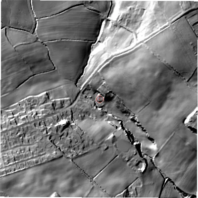 Shaded relief map of the ground around WF20RH, computed from Environment Agency LiDAR. The ground here sits at about 58 m above sea level and falls 44 m across the surrounding 800 m. Surface water reaching this point runs off ground lying to the south-west, 38.0 m higher.