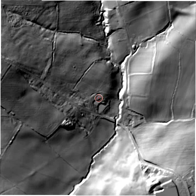 Shaded relief map of the ground around WF20SD, computed from Environment Agency LiDAR. The ground here sits at about 75 m above sea level and falls 41 m across the surrounding 800 m. Surface water reaching this point runs off ground lying to the north-west, 15.0 m higher.