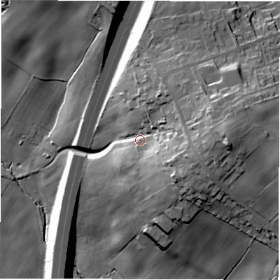Shaded relief map of the ground around WF20SR, computed from Environment Agency LiDAR. The ground here sits at about 77 m above sea level and falls 52 m across the surrounding 800 m. Surface water reaching this point runs off ground lying to the east, 26.6 m higher.