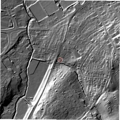 Shaded relief map of the ground around WF26BP, computed from Environment Agency LiDAR. The ground here sits at about 31 m above sea level and falls 30 m across the surrounding 800 m. Surface water reaching this point runs off ground lying to the south-east, 24.5 m higher.