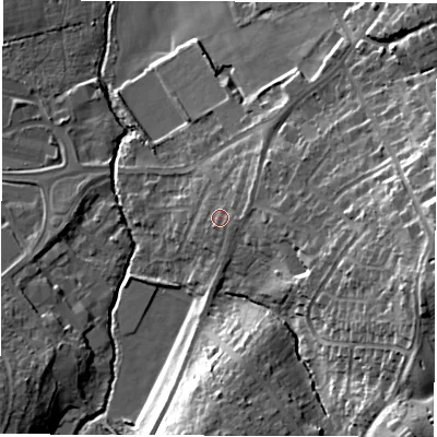 Shaded relief map of the ground around WF26BW, computed from Environment Agency LiDAR. The ground here sits at about 33 m above sea level and falls 28 m across the surrounding 800 m. Surface water reaching this point runs off ground lying to the north-east, 3.4 m higher.
