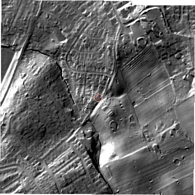 Shaded relief map of the ground around WF26EA, computed from Environment Agency LiDAR. The ground here sits at about 44 m above sea level and falls 39 m across the surrounding 800 m. Surface water reaching this point runs off ground lying to the east, 22.7 m higher.