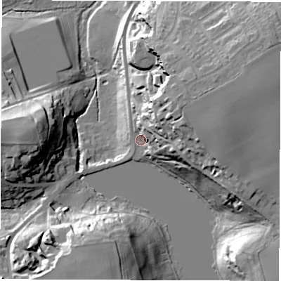 Shaded relief map of the ground around WF26QG, computed from Environment Agency LiDAR. The ground here sits at about 37 m above sea level and falls 34 m across the surrounding 800 m. Surface water reaching this point runs off ground lying to the north-east, 25.4 m higher.
