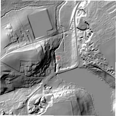 Shaded relief map of the ground around WF26QP, computed from Environment Agency LiDAR. The ground here sits at about 32 m above sea level and falls 34 m across the surrounding 800 m. Surface water reaching this point runs off ground lying to the west-south-west, 32.3 m higher.