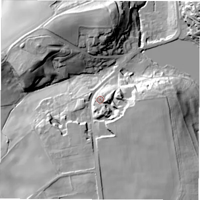 Shaded relief map of the ground around WF26QQ, computed from Environment Agency LiDAR. The ground here sits at about 54 m above sea level and falls 36 m across the surrounding 800 m. Surface water reaching this point runs off ground lying to the south-south-east, 10.9 m higher.