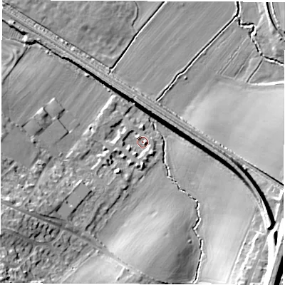 Shaded relief map of the ground around WF26RY, computed from Environment Agency LiDAR. The ground here sits at about 27 m above sea level and falls 23 m across the surrounding 800 m. Surface water reaching this point runs off ground lying to the south, 3.1 m higher.