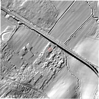Shaded relief map of the ground around WF26SS, computed from Environment Agency LiDAR. The ground here sits at about 27 m above sea level and falls 21 m across the surrounding 800 m. Surface water reaching this point runs off ground lying to the south, 1.7 m higher.
