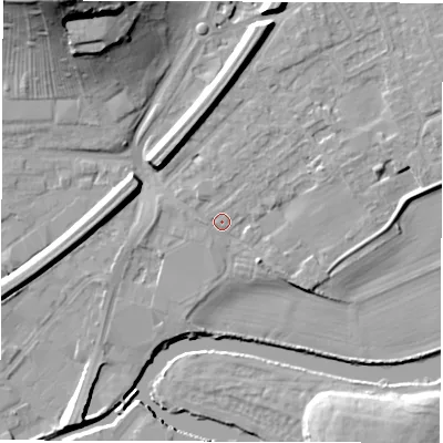 Shaded relief map of the ground around WF27AD, computed from Environment Agency LiDAR. The ground here sits at about 26 m above sea level and falls 28 m across the surrounding 800 m. Surface water reaching this point runs off ground lying to the south-east, 2.4 m higher.