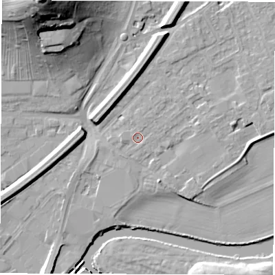 Shaded relief map of the ground around WF27AE, computed from Environment Agency LiDAR. The ground here sits at about 25 m above sea level and falls 40 m across the surrounding 800 m. Surface water reaching this point runs off ground lying to the west-south-west, 1.1 m higher.