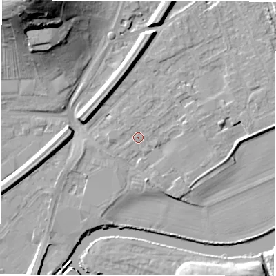 Shaded relief map of the ground around WF27AF, computed from Environment Agency LiDAR. The ground here sits at about 26 m above sea level and falls 38 m across the surrounding 800 m. Surface water reaching this point runs off ground lying to the north-north-west, 0.7 m higher.