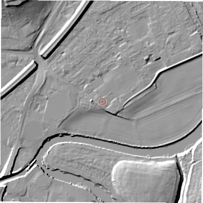 Shaded relief map of the ground around WF27AG, computed from Environment Agency LiDAR. The ground here sits at about 26 m above sea level and falls 16 m across the surrounding 800 m. Surface water reaching this point runs off ground lying to the south, 1.1 m higher.