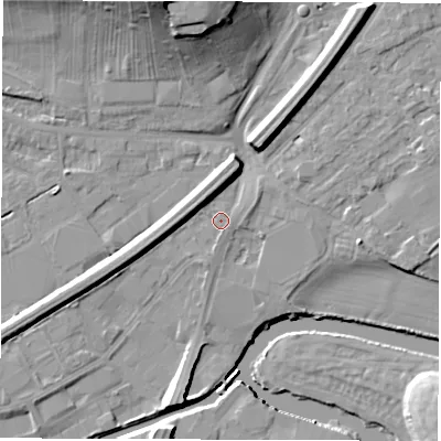 Shaded relief map of the ground around WF27AH, computed from Environment Agency LiDAR. The ground here sits at about 26 m above sea level and falls 20 m across the surrounding 800 m. Surface water reaching this point runs off ground lying to the south-south-east, 0.8 m higher.