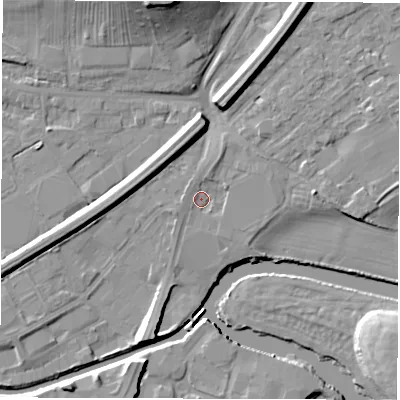 Shaded relief map of the ground around WF27AJ, computed from Environment Agency LiDAR. The ground here sits at about 26 m above sea level and falls 15 m across the surrounding 800 m. Surface water reaching this point runs off ground lying to the north-north-west, 1.5 m higher.