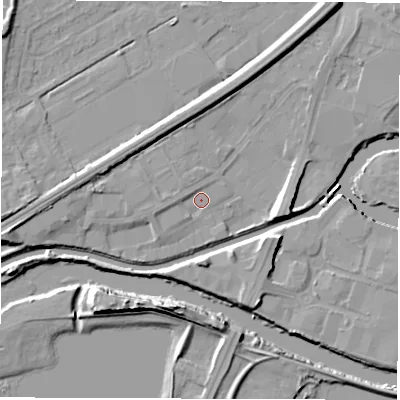 Shaded relief map of the ground around WF27AL, computed from Environment Agency LiDAR. The ground here sits at about 26 m above sea level and falls 13 m across the surrounding 800 m. Surface water reaching this point runs off ground lying to the west-south-west, 2.4 m higher.