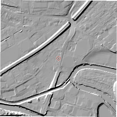 Shaded relief map of the ground around WF27AN, computed from Environment Agency LiDAR. The ground here sits at about 26 m above sea level and falls 13 m across the surrounding 800 m. Surface water reaching this point runs off ground lying to the north-north-east, 1.0 m higher.