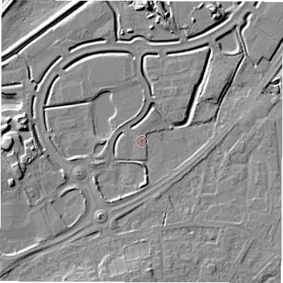 Shaded relief map of the ground around WF27AR, computed from Environment Agency LiDAR. The ground here sits at about 27 m above sea level and falls 10 m across the surrounding 800 m. The ground contributing surface water to this point lies to the west-south-west.