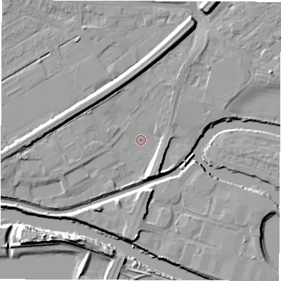 Shaded relief map of the ground around WF27AS, computed from Environment Agency LiDAR. The ground here sits at about 25 m above sea level and falls 13 m across the surrounding 800 m. Surface water reaching this point runs off ground lying to the north-north-east, 5.3 m higher.