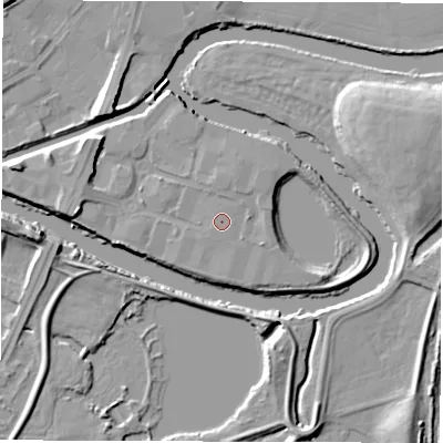 Shaded relief map of the ground around WF27AW, computed from Environment Agency LiDAR. The ground here sits at about 26 m above sea level and falls 9 m across the surrounding 800 m. The ground contributing surface water to this point lies to the south-south-west.