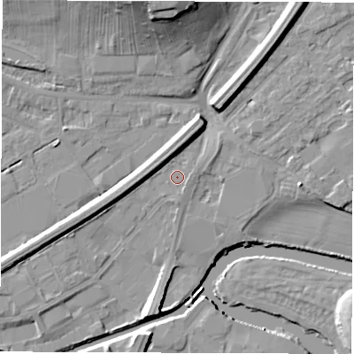 Shaded relief map of the ground around WF27AX, computed from Environment Agency LiDAR. The ground here sits at about 26 m above sea level and falls 17 m across the surrounding 800 m. Surface water reaching this point runs off ground lying to the north-north-west, 4.4 m higher.