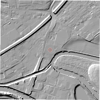 Shaded relief map of the ground around WF27AZ, computed from Environment Agency LiDAR. The ground here sits at about 25 m above sea level and falls 12 m across the surrounding 800 m. Surface water reaching this point runs off ground lying to the north-east, 0.7 m higher.