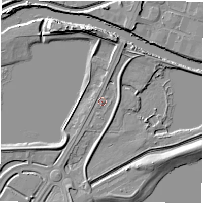Shaded relief map of the ground around WF27BE, computed from Environment Agency LiDAR. The ground here sits at about 25 m above sea level and falls 13 m across the surrounding 800 m. Surface water reaching this point runs off ground lying to the north-north-east, 5.3 m higher.