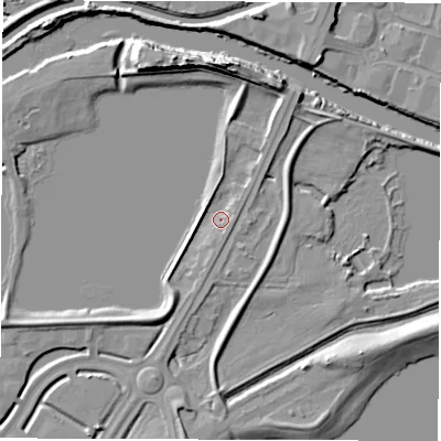 Shaded relief map of the ground around WF27BH, computed from Environment Agency LiDAR. The ground here sits at about 25 m above sea level and falls 13 m across the surrounding 800 m. Surface water reaching this point runs off ground lying to the north-north-east, 5.6 m higher.