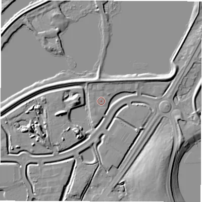 Shaded relief map of the ground around WF27BJ, computed from Environment Agency LiDAR. The ground here sits at about 26 m above sea level and falls 8 m across the surrounding 800 m. Surface water reaching this point runs off ground lying to the north-north-west, 2.1 m higher.